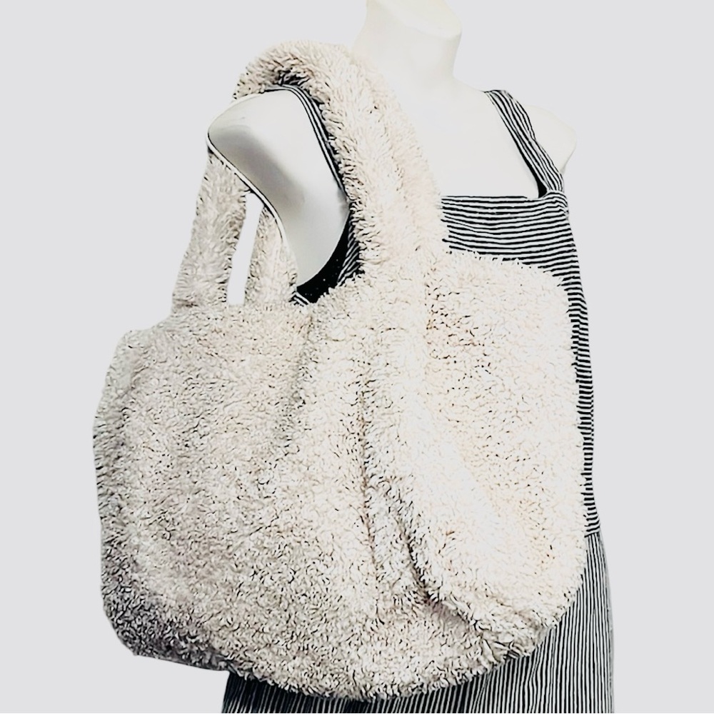a new day Off White Faux Fur Teddy Sherpa Two Handle Tote Bag Carry On Purse